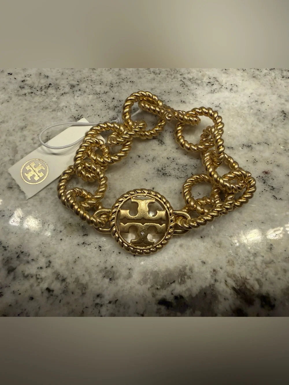 NWT Tory Burch Twisted Rope-Link Gold Chunky Logo Medallion Bracelet Chain